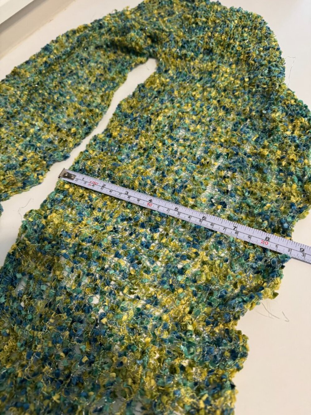 Blue & Chartreuse Green Loose Knit Metallic Scarf / Sash  shawl wrap